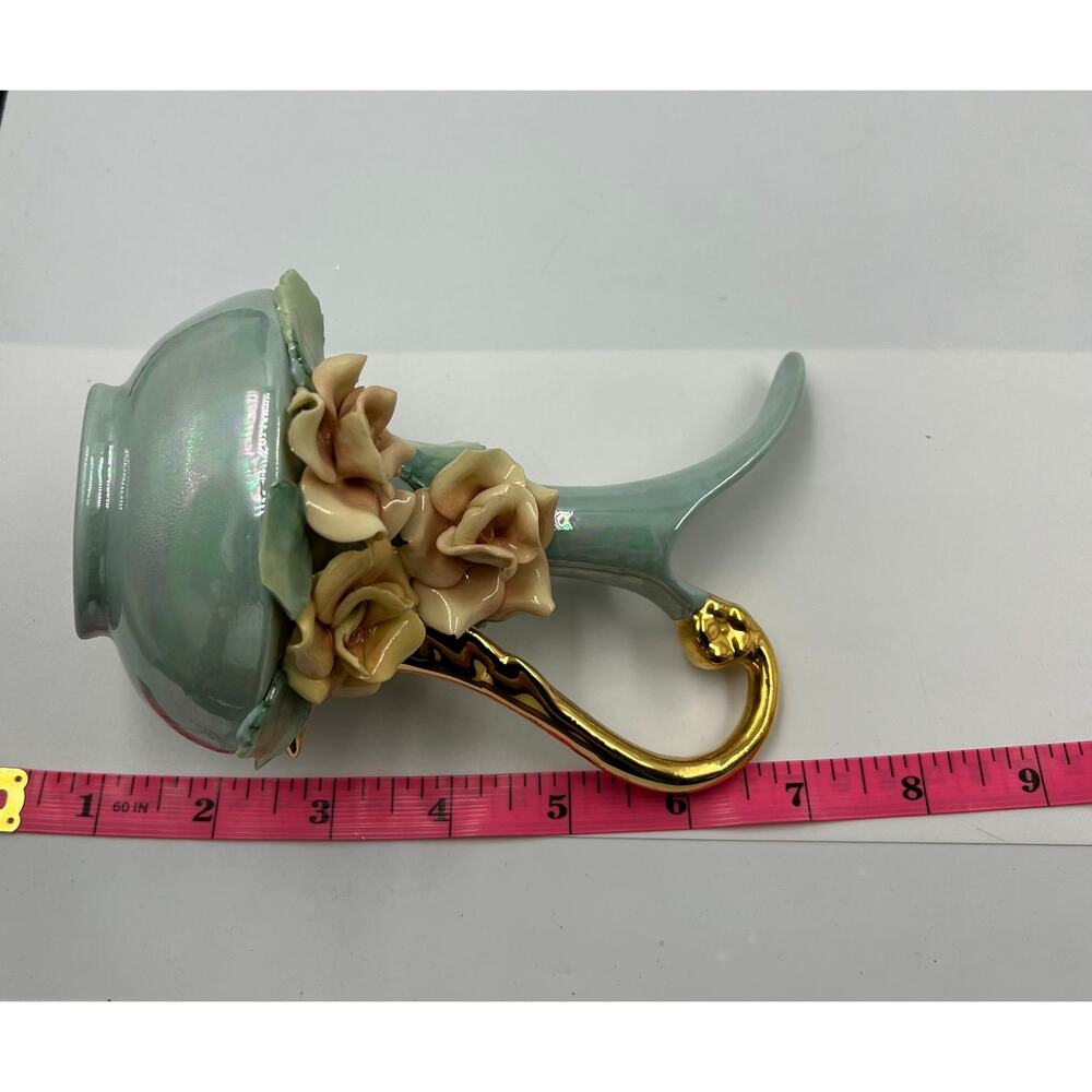 Vintage Capodimonte Lustreware Bud Vase Pitcher Porcelain W Applied Flowers Blue - Picture 5 of 9